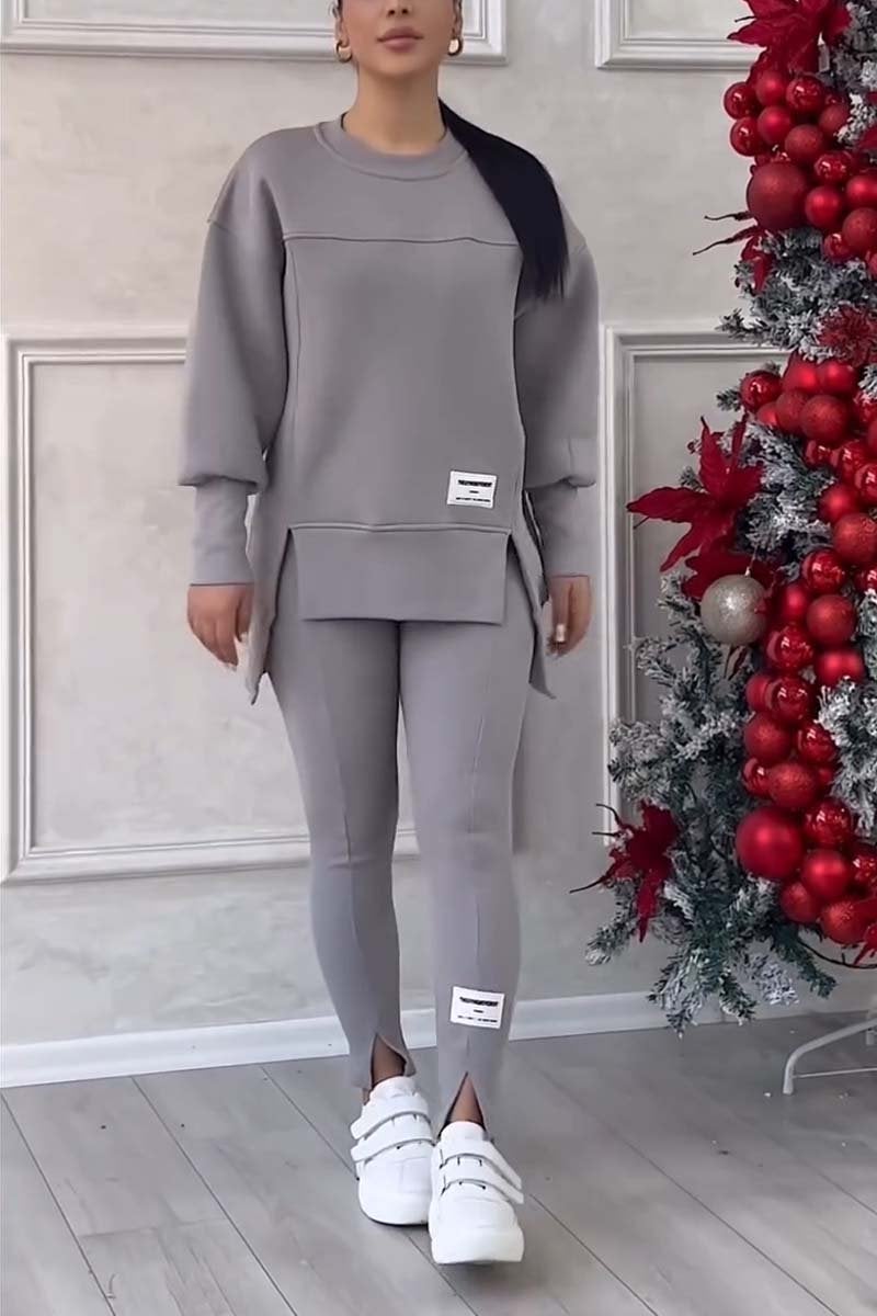 Europe and the United States Amazon independent station cross-border womens irregular long sleeve printed sweater leggings suit Grey - Image 1