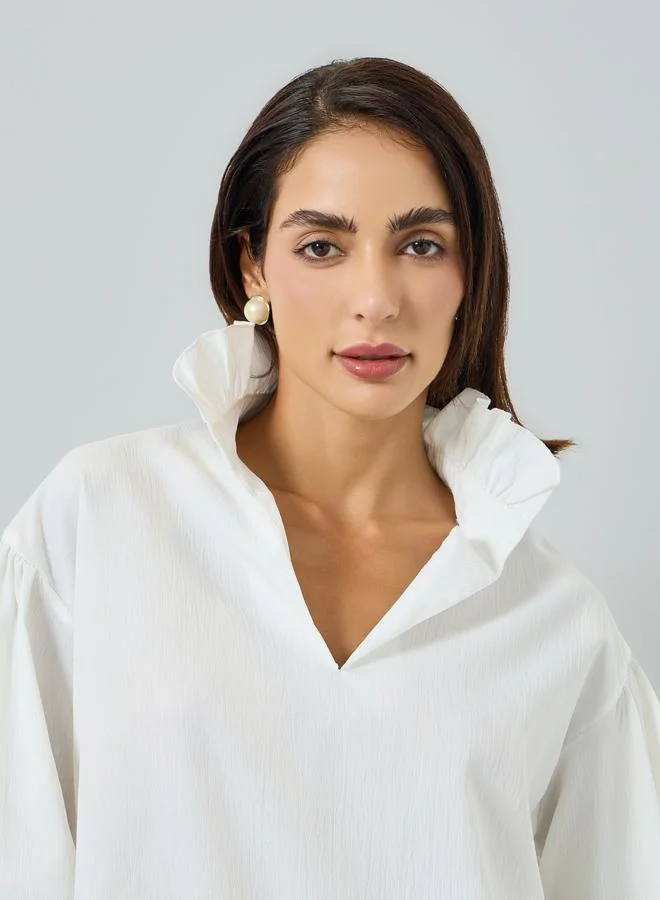 Take Two Women White Ruffle Trim Long Trim Top