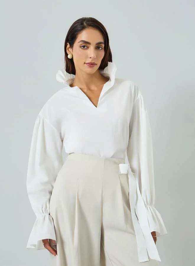 Take Two Women White Ruffle Trim Long Trim Top