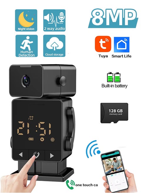 8MP WiFi Mini Cam Clock Camera Bidirectional Audio Indoor, with 128G Card, Baby Monitoring Camera Remote Viewing Wireless Security Cam Tuya App