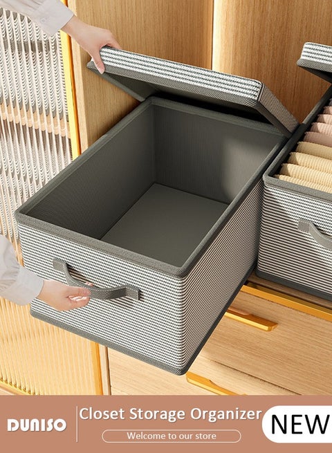 Foldable Closet Storage Organizer with lid,Wardrobe Clothes Organizer For Clothing, Sheets, Toys, Books,Washable Closet Storage Boxes with Carrying Handles Cube Stackable Storage Bin for Home Bedroom Office