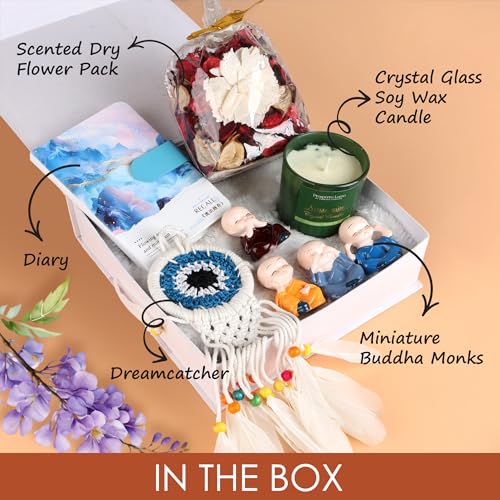 Relish The Loony Box Gift For Women & Girls | Gift Hamper For Birthday, Anniversary, Valentine & Any Special Occassion - Dream Catcher, Monk Figurines, 1 Aroma Candle, Chic Diary & Scented Dry Flower Pack - Image 2