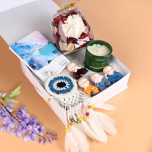 Relish The Loony Box Gift For Women & Girls | Gift Hamper For Birthday, Anniversary, Valentine & Any Special Occassion - Dream Catcher, Monk Figurines, 1 Aroma Candle, Chic Diary & Scented Dry Flower Pack - Image 1
