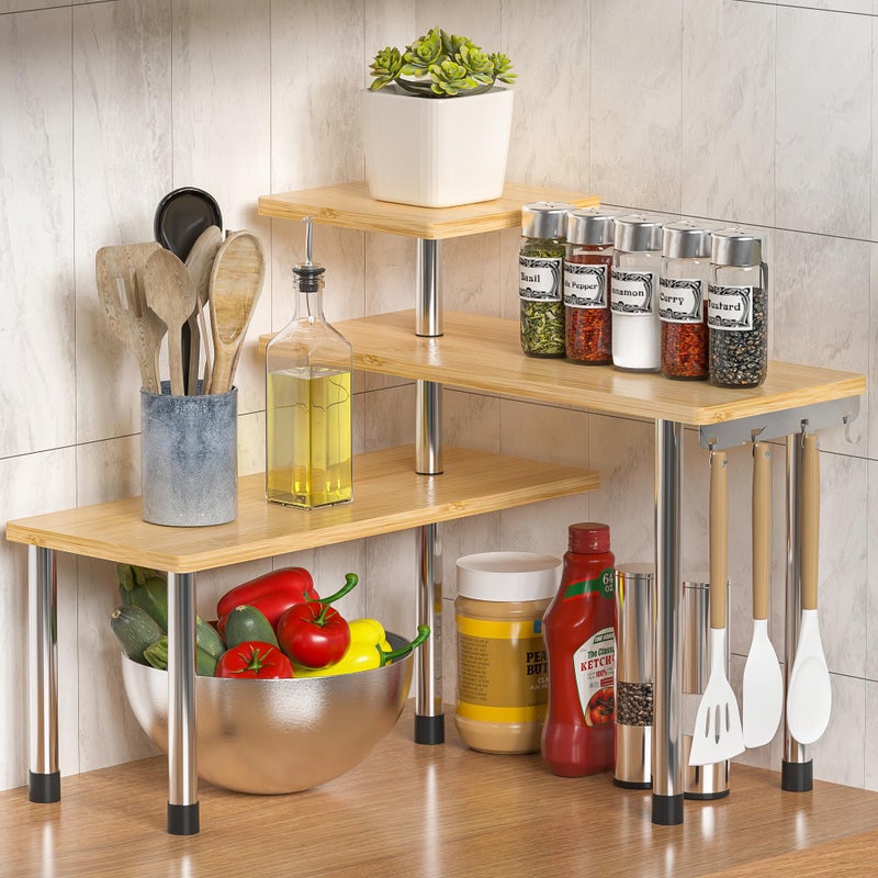 ZHWS Kitchen Countertop Organizer Spice Rack for Salt Bathroom Counter Organizer Over Sink for Makeup Skincare Adjustable 3Tier Corner Counter Shelf with 4 Hooks for Coffee Bar Dresser Table