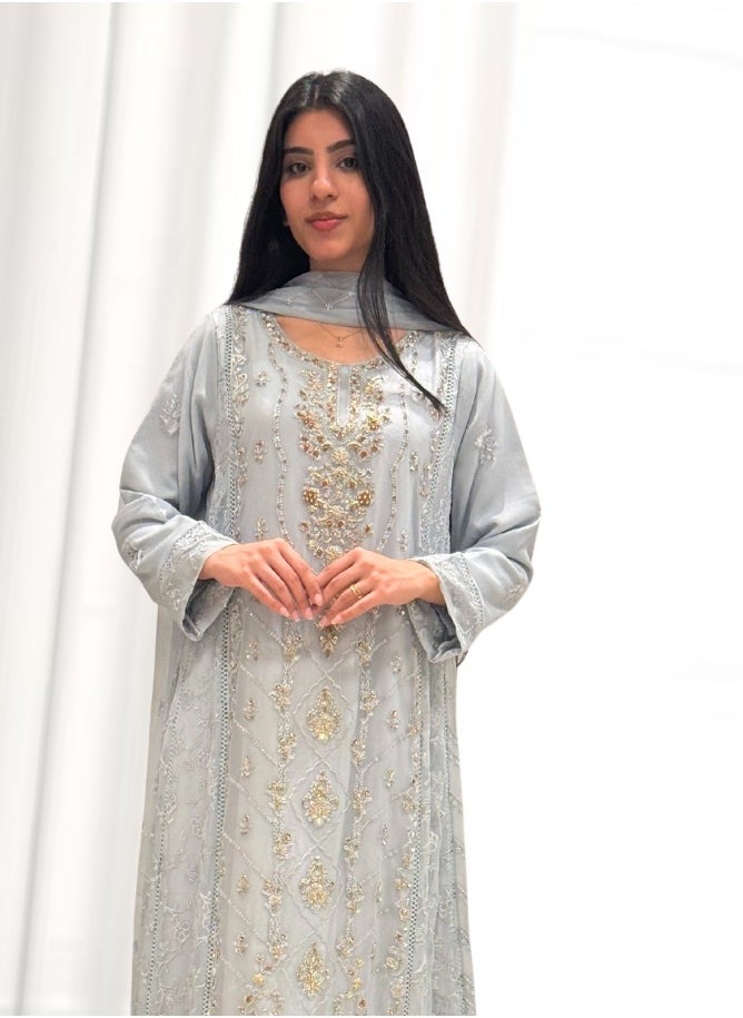 Winchell's - Embroidered & Embellished Pure Chiffon Long Maxi with Dupatta & Raw Silk Trousers | Large | Grey - Image 1