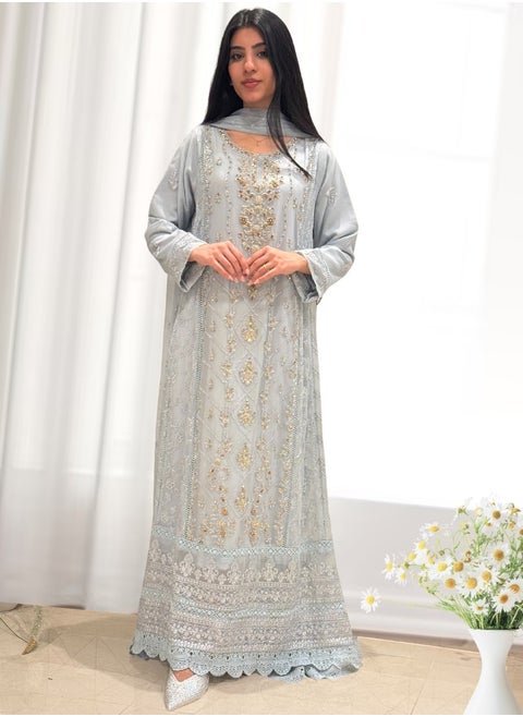 Embroidered & Embellished Pure Chiffon Long Maxi with Dupatta & Raw Silk Trousers | Large | Grey