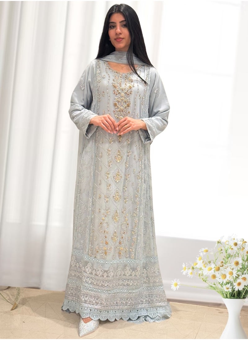 Winchell's - Embroidered & Embellished Pure Chiffon Long Maxi with Dupatta & Raw Silk Trousers | Large | Grey - Image 1