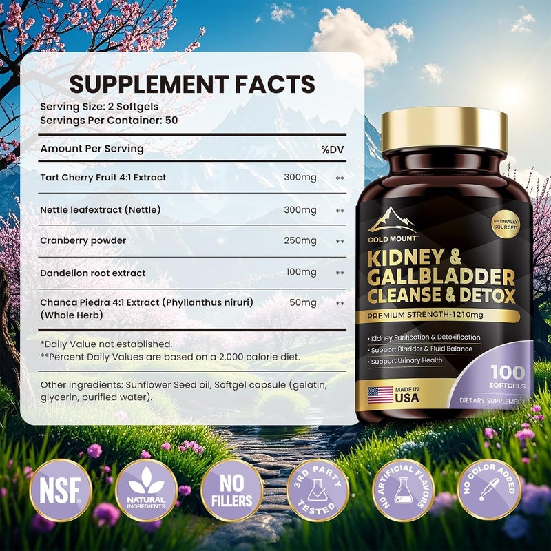 Megneta Kidney Cleanse Detox  Repair Kidney  Gallbladder Health Support Supplement with Cherry Nettle Leaf Cranberry  Dandelion Promotes Urinary Health Bladder  Fluid Balance 100 Softgels - Image 2