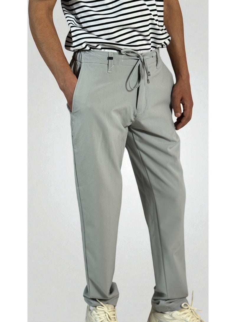 100% بنطال رجالي قطن مرن – لون رمادي – بخصر مطاطي مع رباط - Image 1