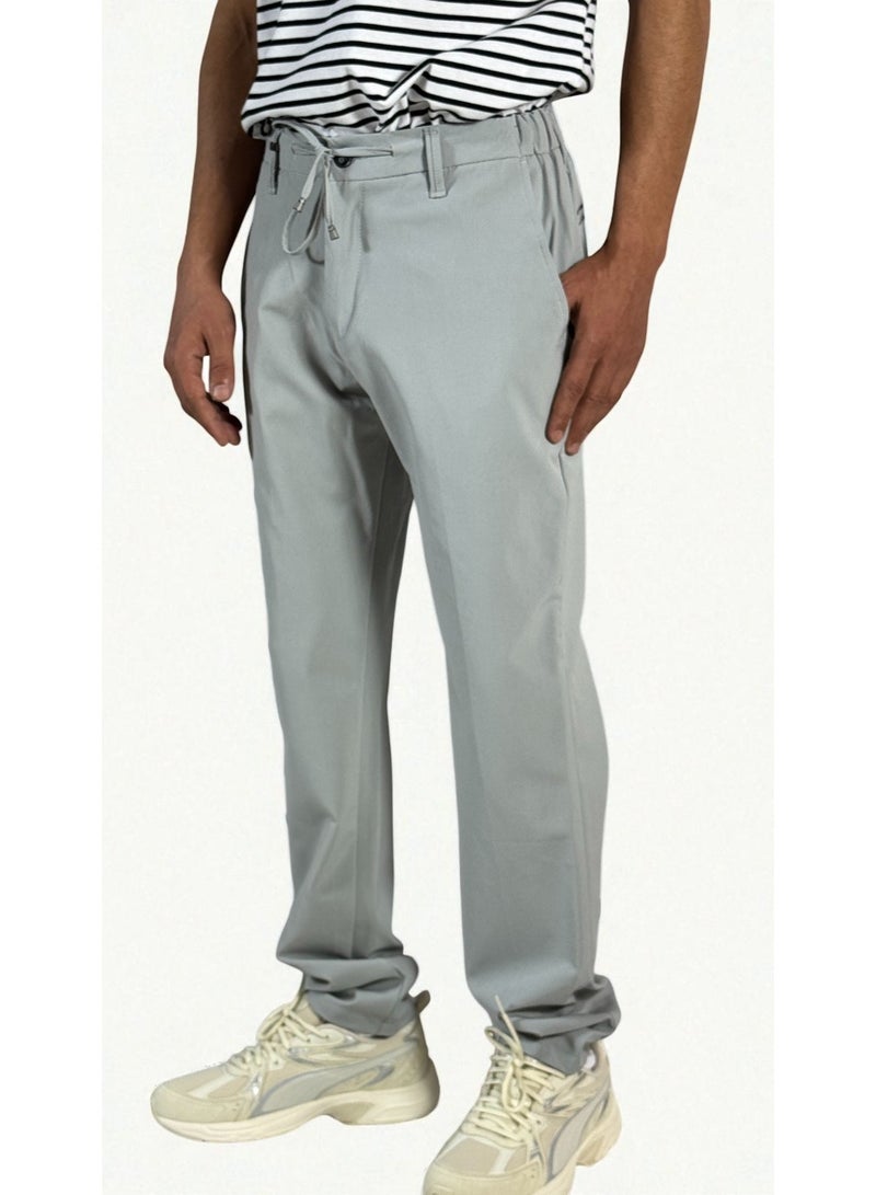 100% بنطال رجالي قطن مرن – لون رمادي – بخصر مطاطي مع رباط - Image 2