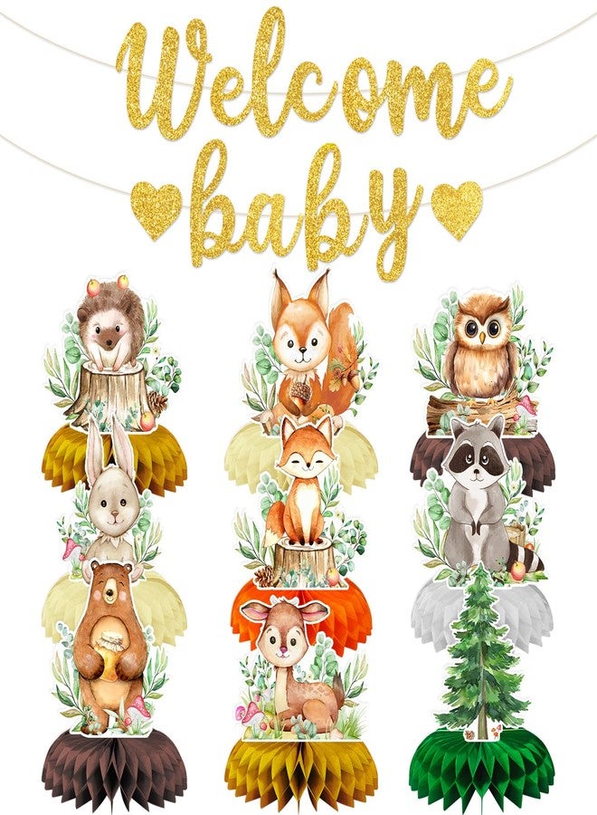 Kreyfer 10-Piece Woodland Baby Shower Honeycomb Centerpieces with Welcome Baby Banner - Forest Animals Table Decorations for Baby Shower, Gender Reveal, Birthday Parties, and Rustic Woodland Theme Decor - Image 1