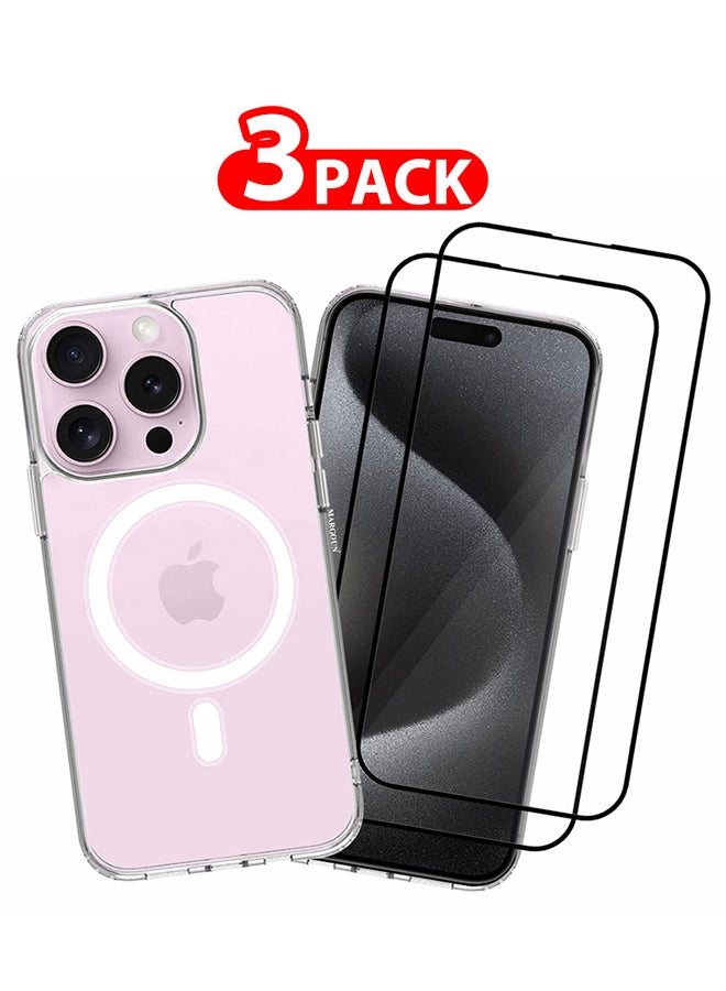 MARGOUN 3 Packs For iPhone 15 Pro Max And 2 Screen Protectors Transparent Anti Yellowing Case MagSafe Compatible With Built In Magnets Recycled Materials Ultra Durable Military Grade Drop Protection Clear - Image 1