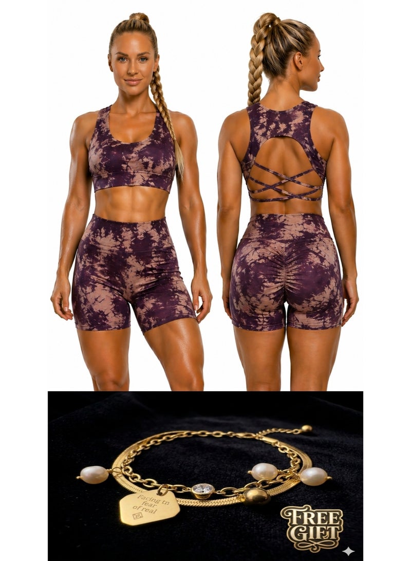 Free Gift Included Women's 2-Piece Tie-Dye Sports Bra and Shorts Set – High-Waist Scrunch - Image 1