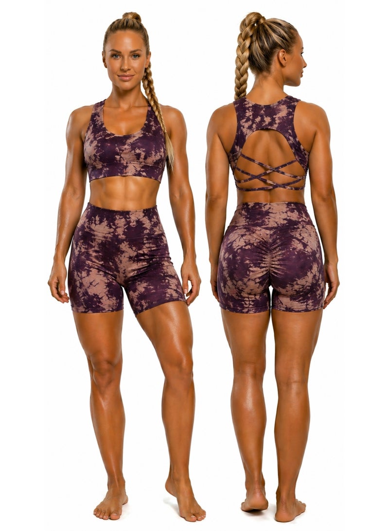 Free Gift Included Women's 2-Piece Tie-Dye Sports Bra and Shorts Set – High-Waist Scrunch - Image 2