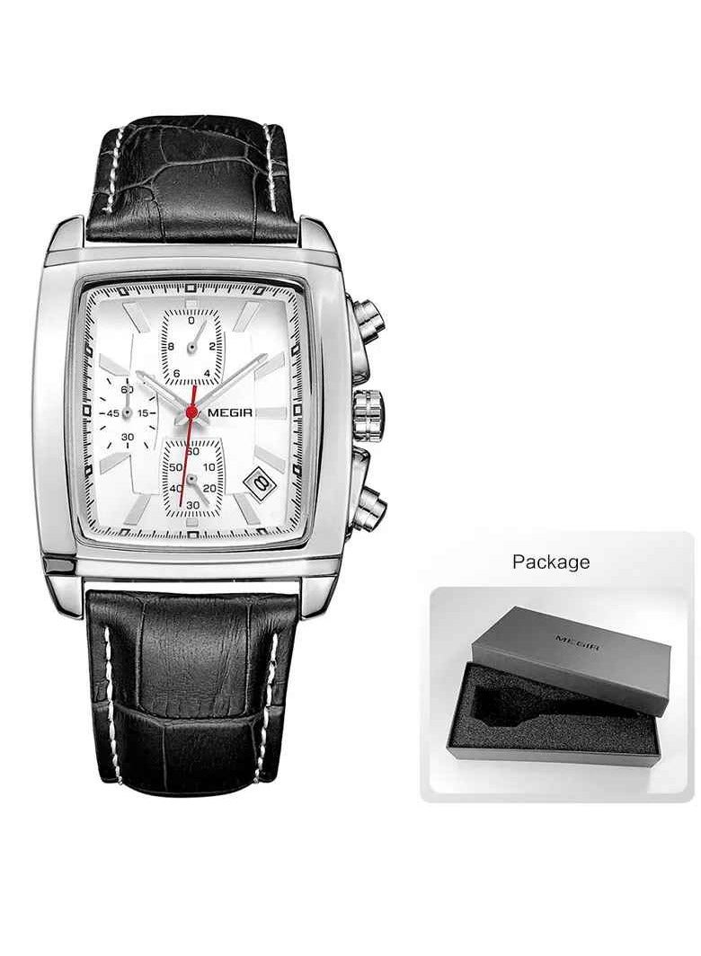 ميجر ساعة تناظرية للرجال، ساعة بسوار جلدي بمينا مستطيل، ساعة معصم كرونوغراف مضيئة للرجال، ساعة كوارتز عسكرية مريحة وخفيفة الوزن للرجال، (قطعة واحدة، أسود وأبيض) - Image 1