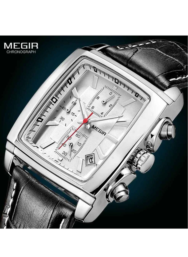 ميجر ساعة تناظرية للرجال، ساعة بسوار جلدي بمينا مستطيل، ساعة معصم كرونوغراف مضيئة للرجال، ساعة كوارتز عسكرية مريحة وخفيفة الوزن للرجال، (قطعة واحدة، أسود وأبيض) - Image 2