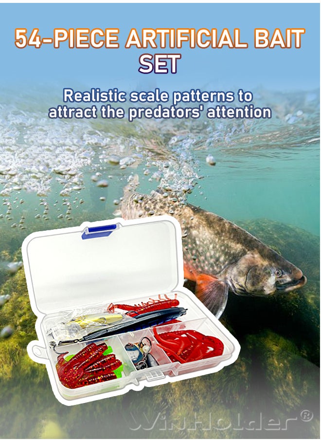 WinHolder - 54 Pcs Fishing Lures Set, Soft Bait Hook With Fishing Tackle Box,Fishing Gear,Bass Lures - Image 1