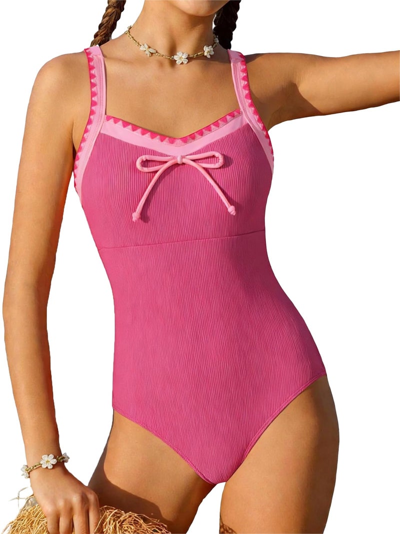 AMAWMW Girls One Piece Swimsuit Ribbed Bowknot Bathing Suit Summer Beach Swimwear Swim Suit for 7-16 Years Girl, Hot Pink, 9-10 Years - Image 1