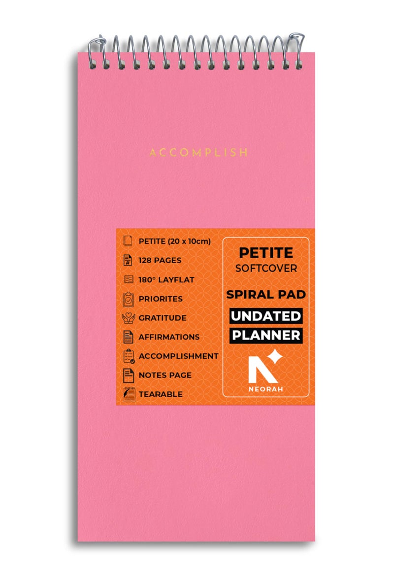 NEORAH—PETITE Daily To Do List Pad|128 Pages| 20.0 x 10.0 cm|Daily + Hourly Split + Notes page|Durable Metal Spiral Desk Notepad + tear off sheets| Academics Planner, Office Work Planner (PINK) - Image 1