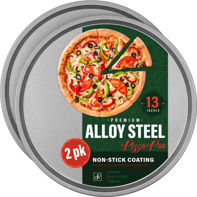 DecorRack 13 Inch Alloy Steel Pizza Pan, Non-Stick Coating, Serving Tray, Round Baking Tray for Oven Use (2 Pack) - Image 1