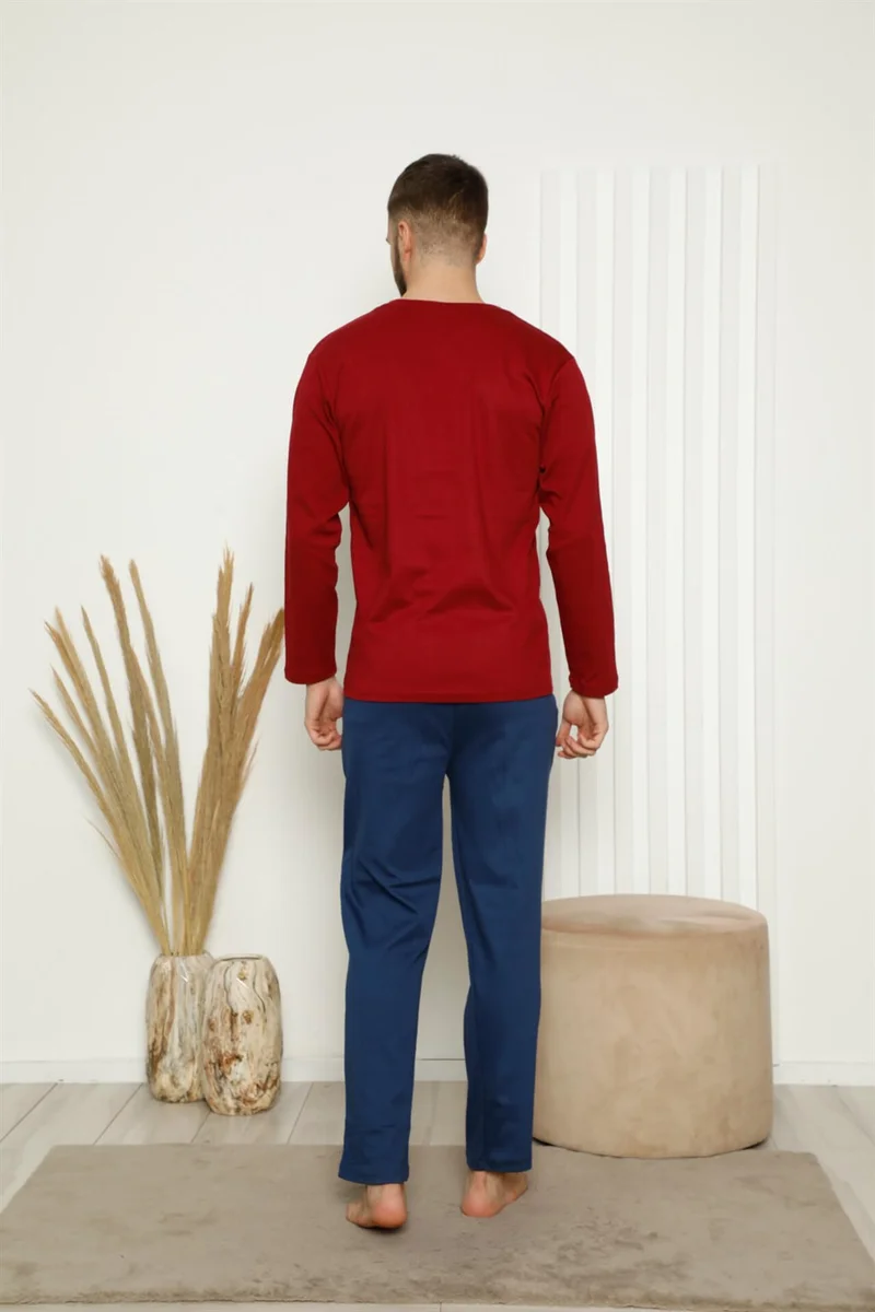 Akbeniz Men's 100% Cotton Front Buttoned Pocket Long Sleeve Pajamas Set 6767