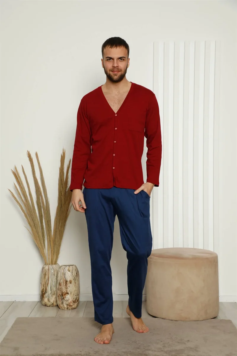Akbeniz Men's 100% Cotton Front Buttoned Pocket Long Sleeve Pajamas Set 6767