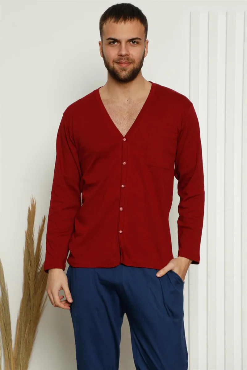 Akbeniz Men's 100% Cotton Front Buttoned Pocket Long Sleeve Pajamas Set 6767