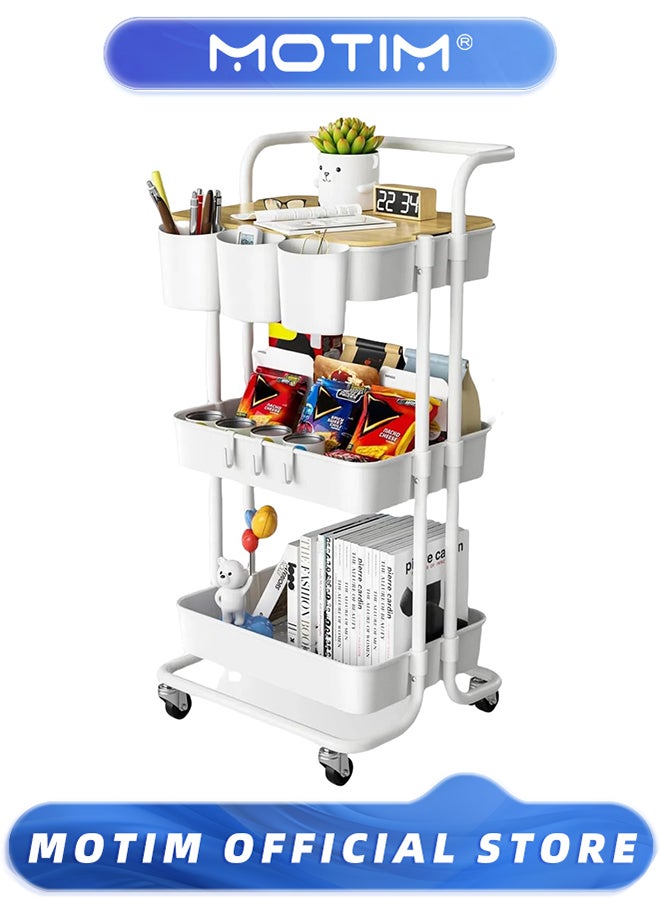 Motim 3 Tier Rolling Cart with Metal Handle & Table Top & Hanging Cups & Hooks & Plastic Storage Baskets & Wheels Lockable Utility Cart for Bathroom & Classroom & Office & Kitchen & Pantry Organizers and Storage  - Image 1