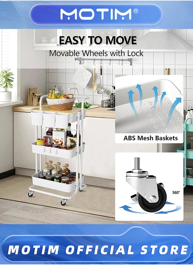 Motim 3 Tier Rolling Cart with Metal Handle & Table Top & Hanging Cups & Hooks & Plastic Storage Baskets & Wheels Lockable Utility Cart for Bathroom & Classroom & Office & Kitchen & Pantry Organizers and Storage  - Image 3