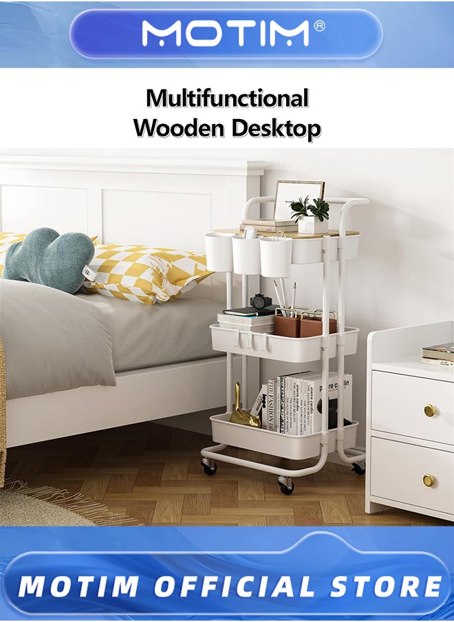 Motim 3 Tier Rolling Cart with Metal Handle & Table Top & Hanging Cups & Hooks & Plastic Storage Baskets & Wheels Lockable Utility Cart for Bathroom & Classroom & Office & Kitchen & Pantry Organizers and Storage  - Image 4
