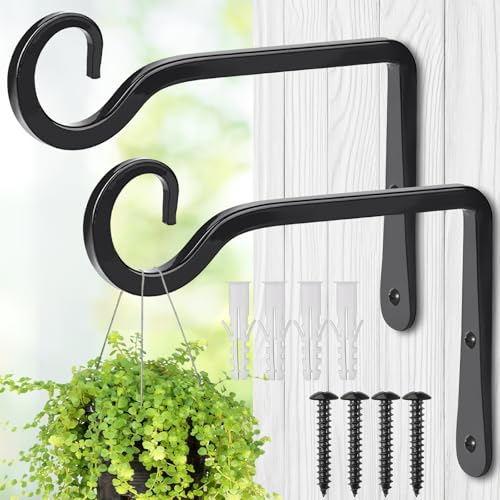 MOWPOG Plant Hangers Outdoor, 2 Pack 6 Inch Hanging Plant Bracket, Metal Hanging Plant Hooks, Wall Hooks for Hanging Plants, Bird Feeder, Flower Basket, Wind Chimes, Indoor Outdoor (Black) - Image 1