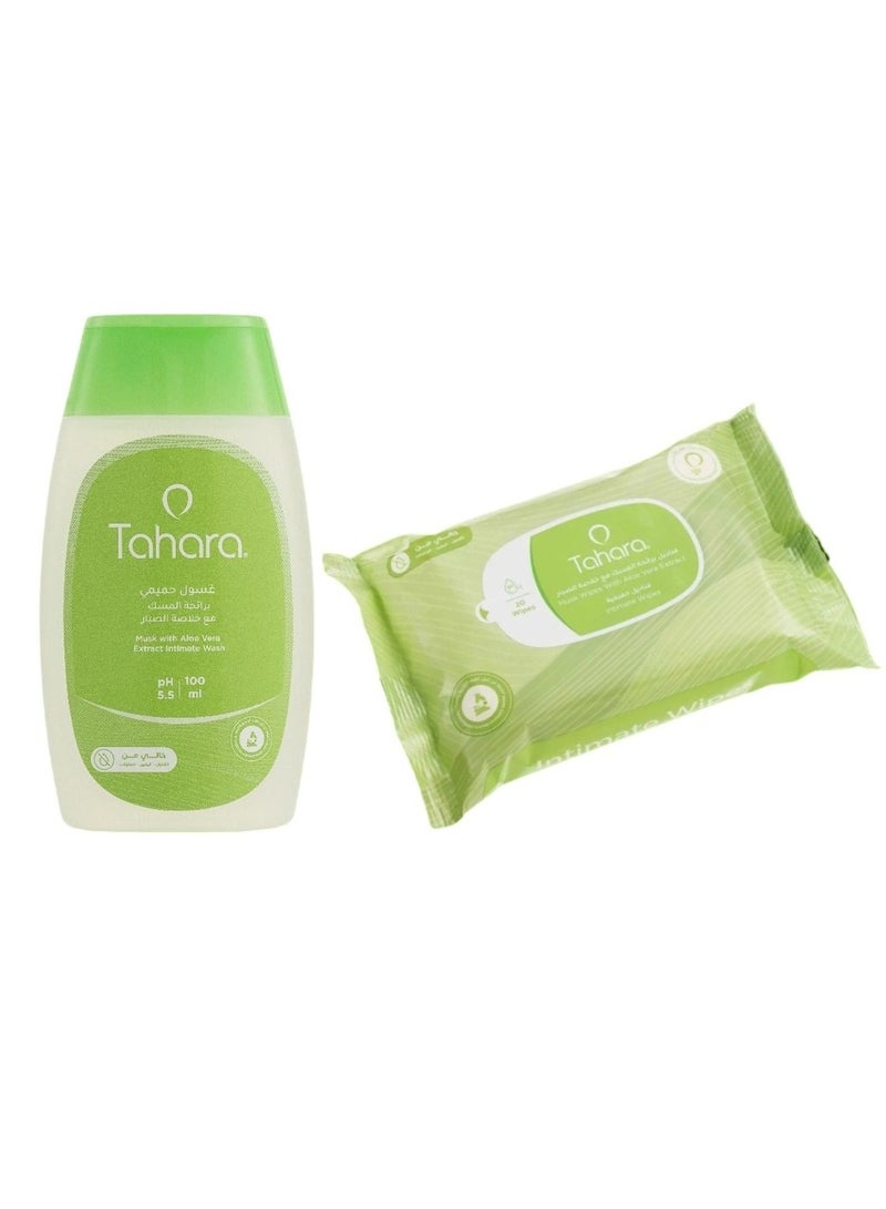 طهارة غسول حميمي للعناية اليومية تنظيف أنثوي يومي متوازن بدرجة الحموضة لطيف لا يسبب الحساسية ١٠٠ مل - 100 مل ومناديل نسائية برائحة المسك الطبيعية مع خلاصة الصبار للمناطق الحساسة والحميمية 20 قطعة - Image 1
