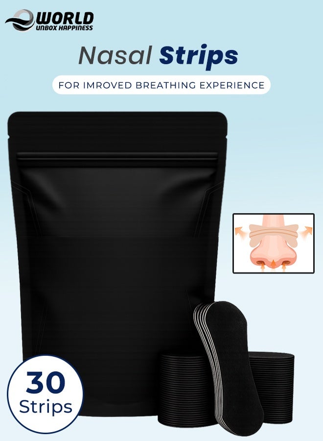 إي وورلد شرائط الأنف للتنفس (30 قطعة) | شرائط أنفية قوية باللون الأسود | لاصق مقاوم للعرق والزيوت | لتقليل الشخير وتحسين النوم | تصميم عريض ومقاس عالمي - Image 1