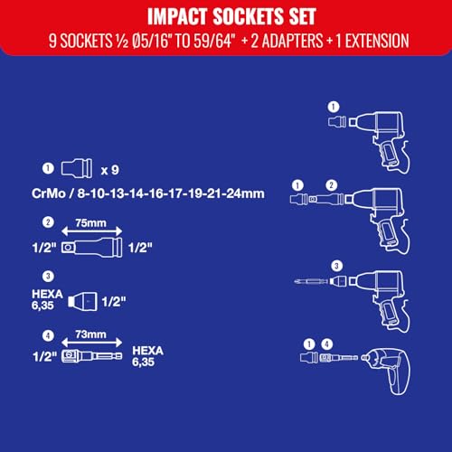 TIVOLY - Impact Socket Set - 9 1/2 Sockets Ø5/16’’ to 59/64’’ + 2 Adapters + 1 Extension - Image 3