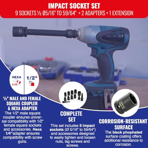 TIVOLY - Impact Socket Set - 9 1/2 Sockets Ø5/16’’ to 59/64’’ + 2 Adapters + 1 Extension - Image 2