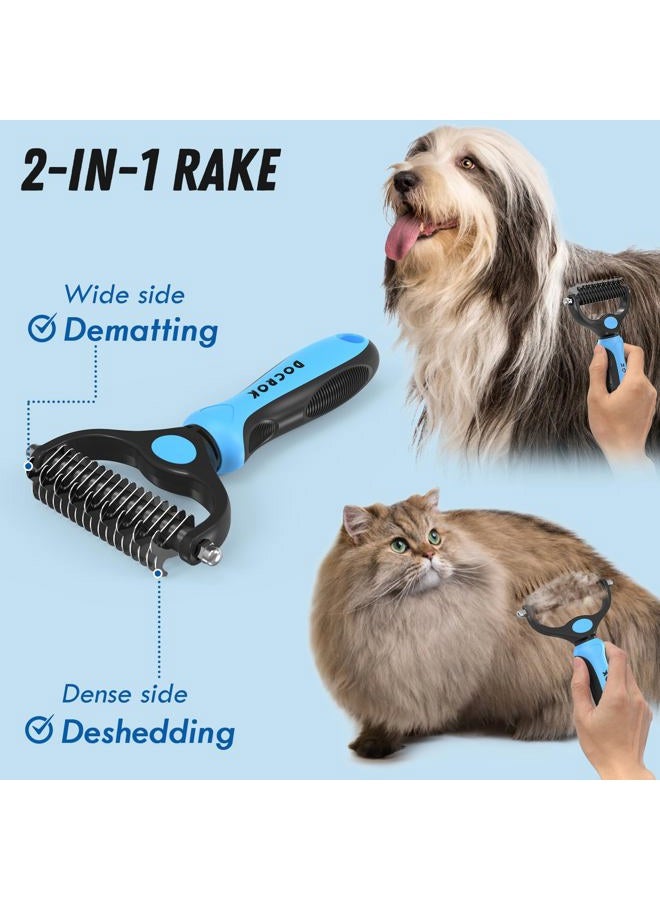 Docrok Pet Grooming Combo - Blue Deshedding Brush with Metal Comb for Detangling and Dematting Long, Matted Fur on Cats and Dogs - Image 2