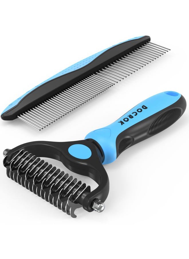 Docrok Pet Grooming Combo - Blue Deshedding Brush with Metal Comb for Detangling and Dematting Long, Matted Fur on Cats and Dogs - Image 1
