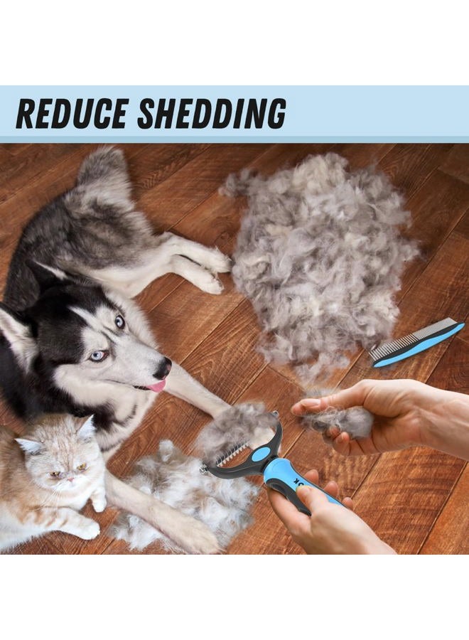 Docrok Pet Grooming Combo - Blue Deshedding Brush with Metal Comb for Detangling and Dematting Long, Matted Fur on Cats and Dogs - Image 5