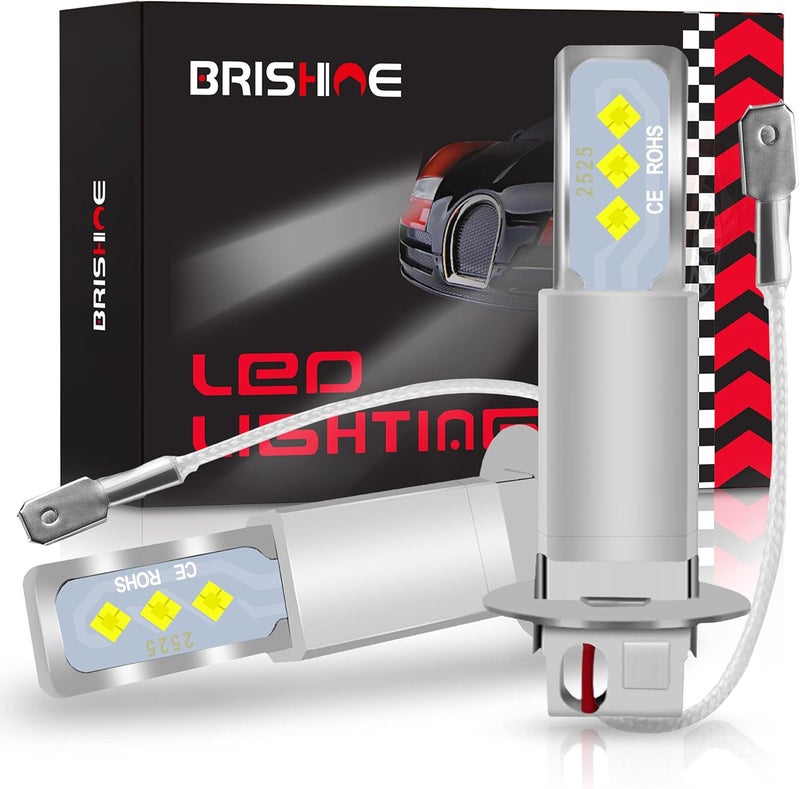 BRISHINE H3 LED Fog Light Bulbs 6000K Xenon White, Extremely Bright 2525 Chips H3 LED Bulbs for Car Fog Lights, Daytime Running Lights DRL(Pack of 2) - Image 1