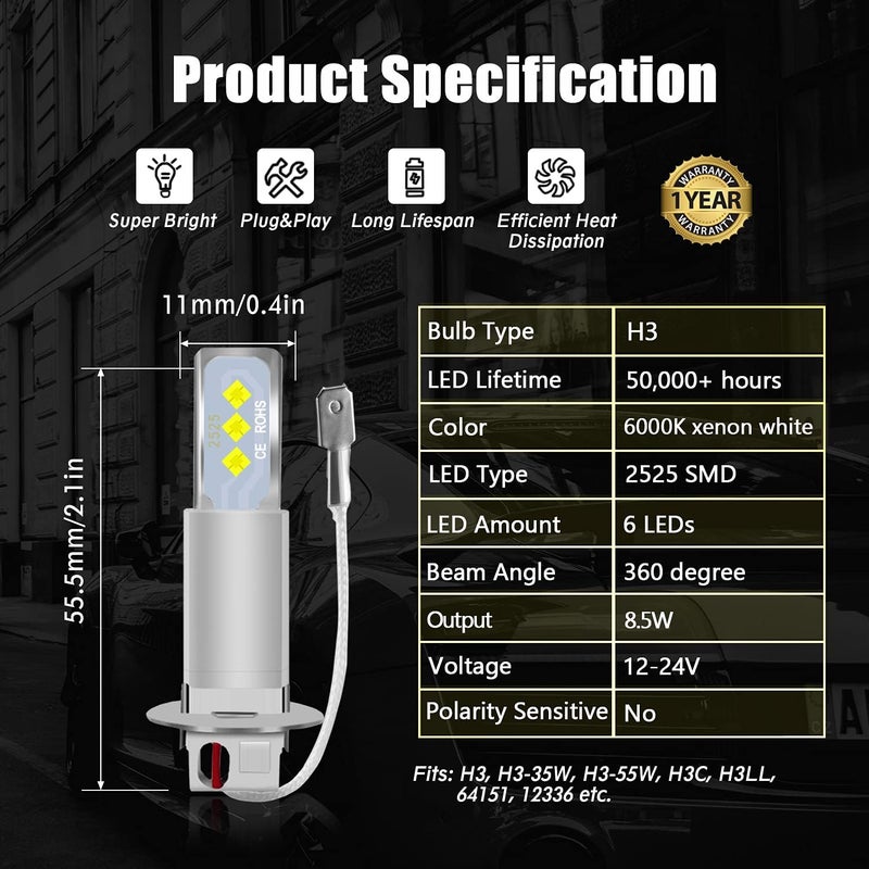 BRISHINE H3 LED Fog Light Bulbs 6000K Xenon White, Extremely Bright 2525 Chips H3 LED Bulbs for Car Fog Lights, Daytime Running Lights DRL(Pack of 2) - Image 5