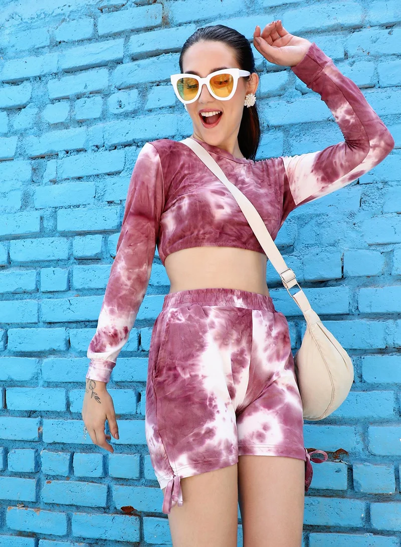 PINACOLADA Women's Garnet Pink Tie-Dye Co-Ord Set For Casual Wear | Round Neck | Long Sleeve | Pull On Closure | Co-Ords Designed With Comfort Fit For Woman & Girls