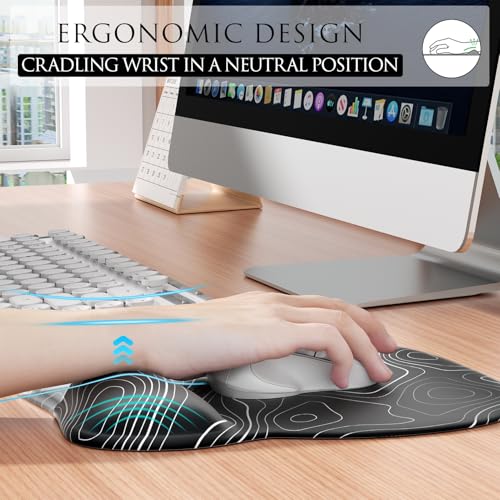MROCO Ergonomic Mouse Pad with Gel Wrist Rest, Smooth Wrist Support Surface, Non-Slip PU Base for Pain Relief, Comfortable Mousepad for Computer, Laptop, Office & Home, 9.4 x 8.1 in, Black Topographic - Image 4