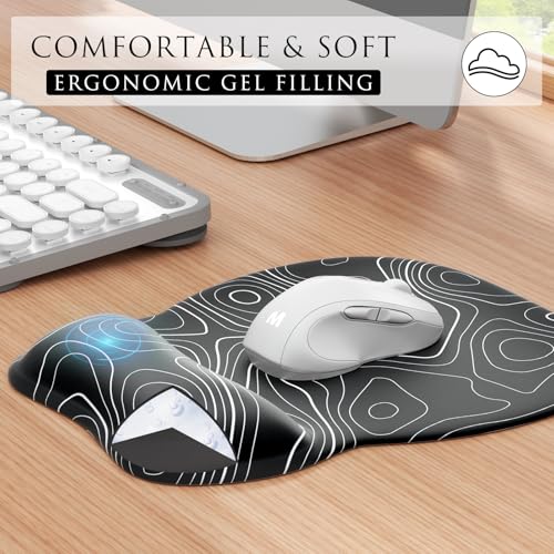 MROCO Ergonomic Mouse Pad with Gel Wrist Rest, Smooth Wrist Support Surface, Non-Slip PU Base for Pain Relief, Comfortable Mousepad for Computer, Laptop, Office & Home, 9.4 x 8.1 in, Black Topographic - Image 3