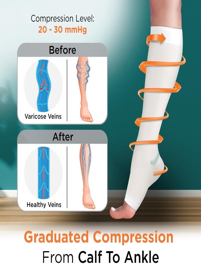 Vissco Medical Compression Stockings Anti-Embolism - Knee (Open Toe) Stocking to Improve Blood Circulation, Swollen, Tired, Aching Legs, Edema, Sore Legs for Men & Women - Medium (White) - 1 Pair - Image 3