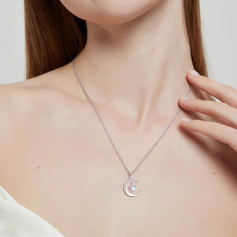 AiliFe Silver Sun and Moon Necklace for Women, Crescent Opal Pendant Necklace Dainty Trendy Celestial Necklace Jewelry Gift - Image 4