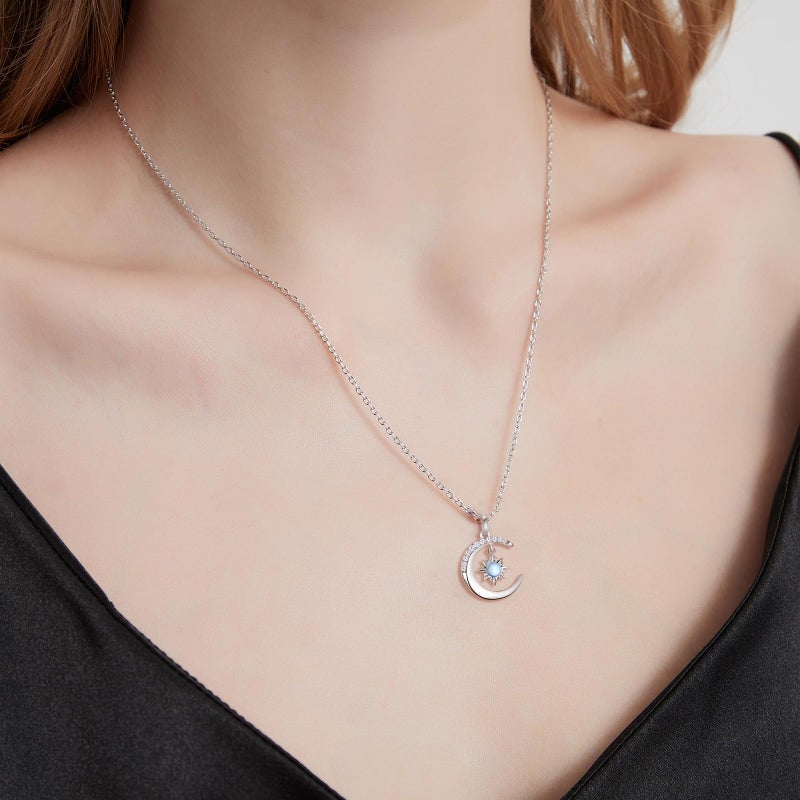 AiliFe Silver Sun and Moon Necklace for Women, Crescent Opal Pendant Necklace Dainty Trendy Celestial Necklace Jewelry Gift - Image 2