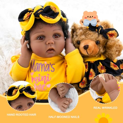 Aori Lifelike Black Reborn Baby Dolls Girl - 22 Inches Realistic Life-Size Girl Doll Black American Newborn Weighted Dolls, Gift Set for Kids 3+, Parents-to-be, Grandparents - Image 4