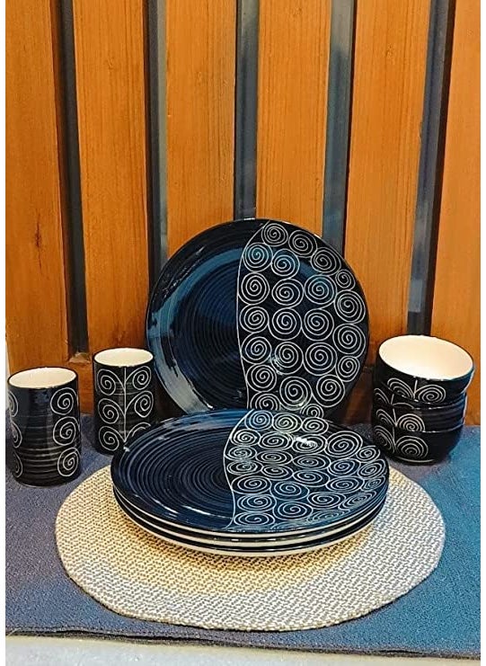 Caffeine Caffeine Ceramic Handmade Stoneware Black Doodle Combo Dinner Set of 15 pcs. (4 Dinner Plate, 4 Quarter Plate, 2 Water Glass, 1 Cutlery, 2 Katori Bowl, 2 Tea Pot)  - Image 1