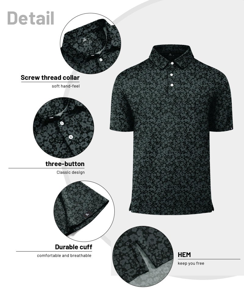 ZITY Mens Print Polo Shirts Short Sleeve Moisture Wicking Shirts for Men Golf Tennis Daily Casual Collared T-Shirt Black Flower XL - Image 4