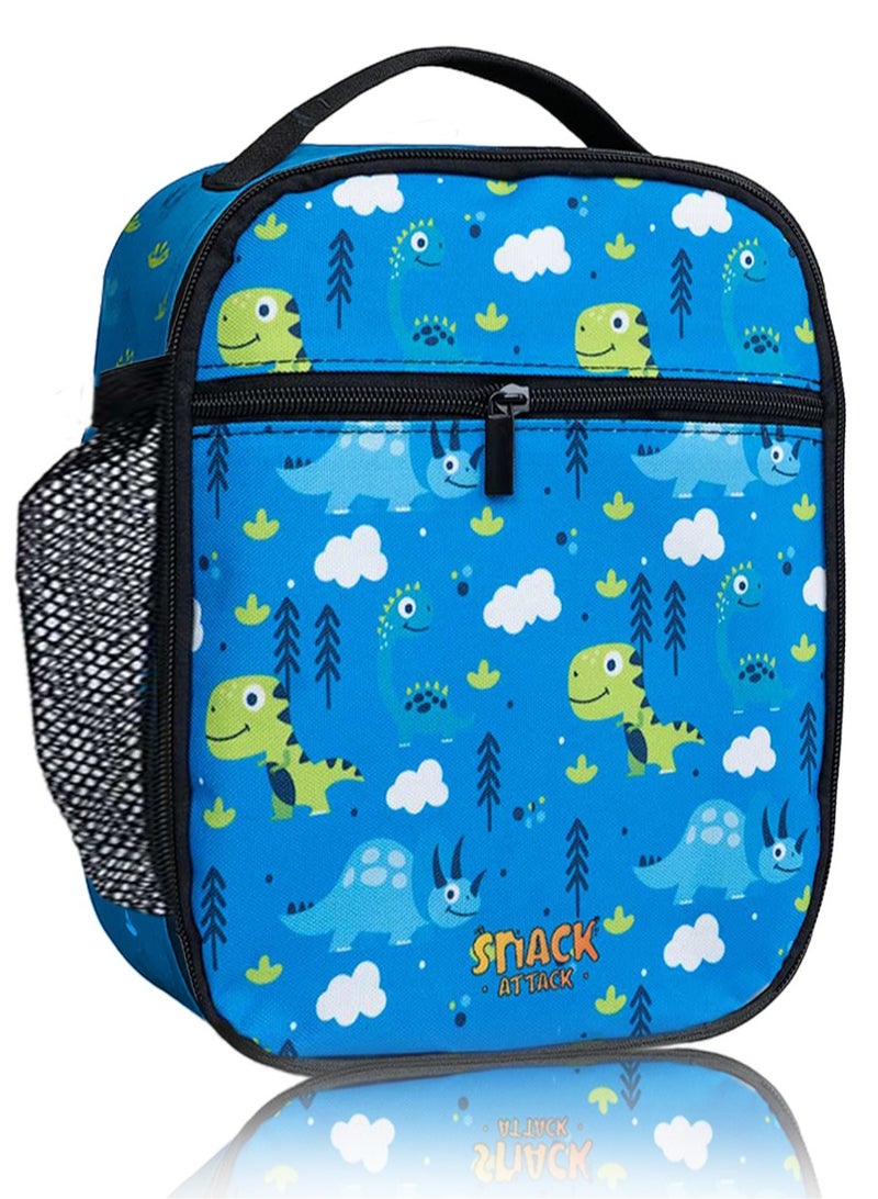 Snack attack حقيبة غداء الديناصور المعزولة للأطفال - صندوق غداء حراري مقاوم للتسرب مع حزام وجيب شبكي - تصميم دينو ممتع للأولاد والبنات - مثالي للمدرسة، ودار الرعاية، والنزهات - Image 1